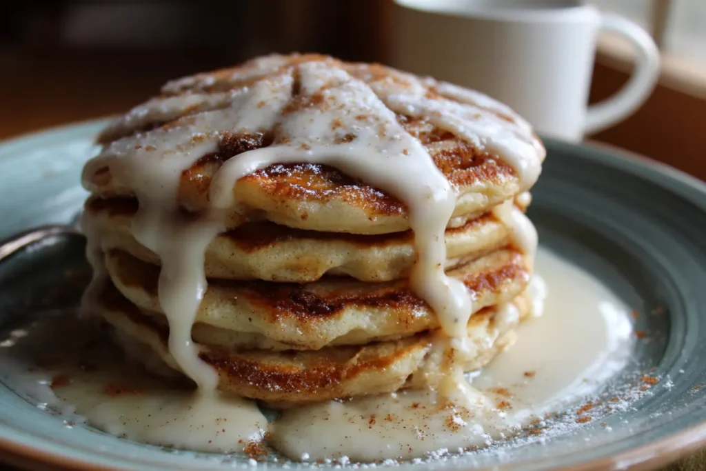 Homemade cinnamon roll pancakes stacked high with creamy icing drizzle and cinnamon specks