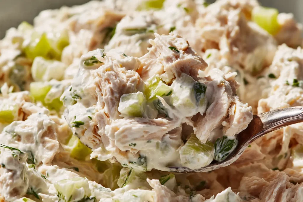 Close-up of Greek yogurt tuna salad showing flaky tuna, thick yogurt, celery pieces, herbs, and a spoon partially dipped in the mixture.