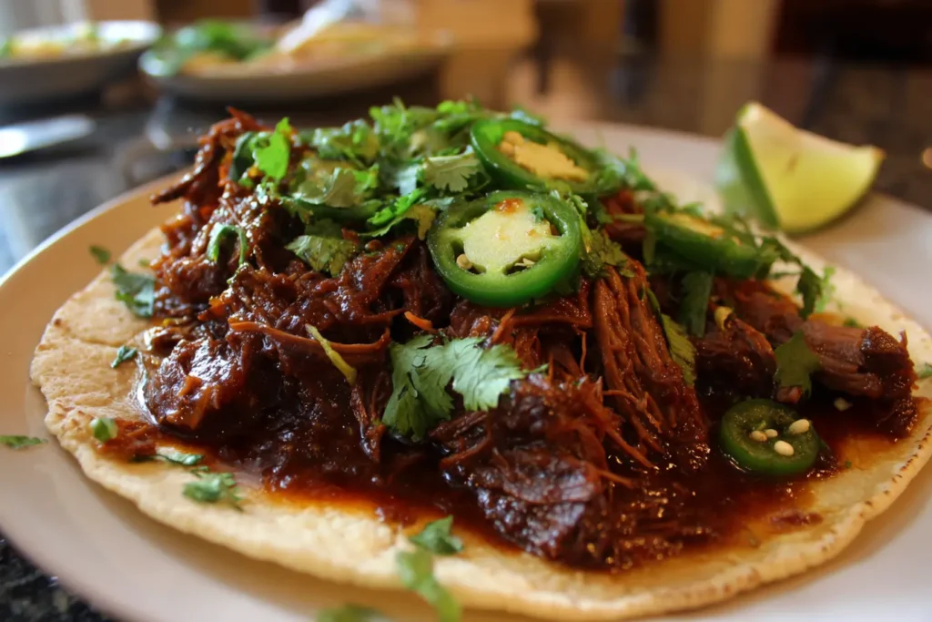 Homemade venison barbacoa served on tortillas with jalapeños and cilantro