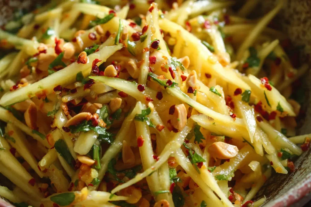 Close-up of shredded green mango salad with peanuts, chili flakes, herbs, and lime dressing