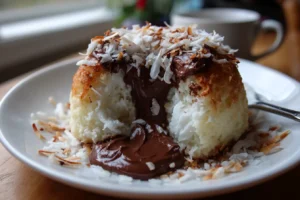 Homemade coconut dome with chocolate spread on a plate with toasted coconut flakes