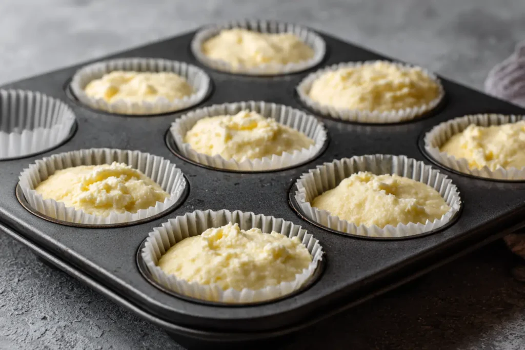 Muffin tin filled with cottage cheese muffin batter before baking, uneven portions with liners