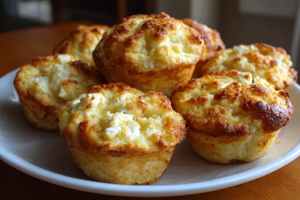 Homemade cottage cheese muffins on a plate with golden tops in a cozy kitchen