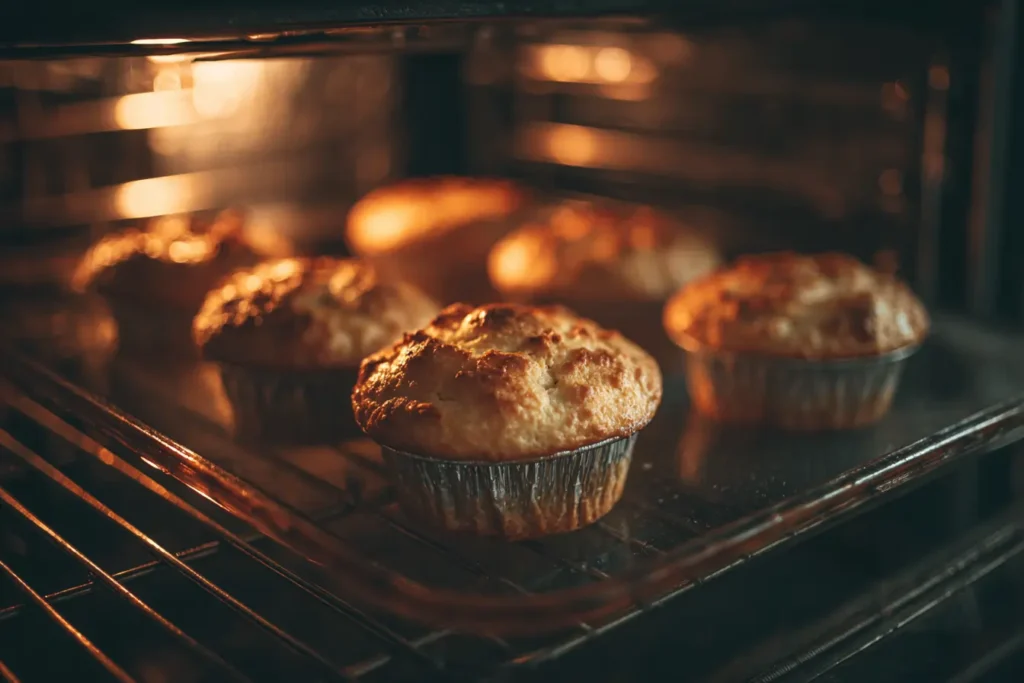 Cottage cheese muffins baking in a home oven with golden tops rising