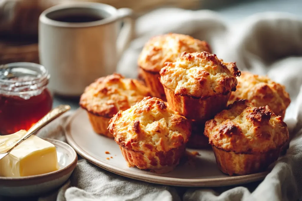 Cottage cheese muffins on a breakfast table with butter, honey, jam, and coffee