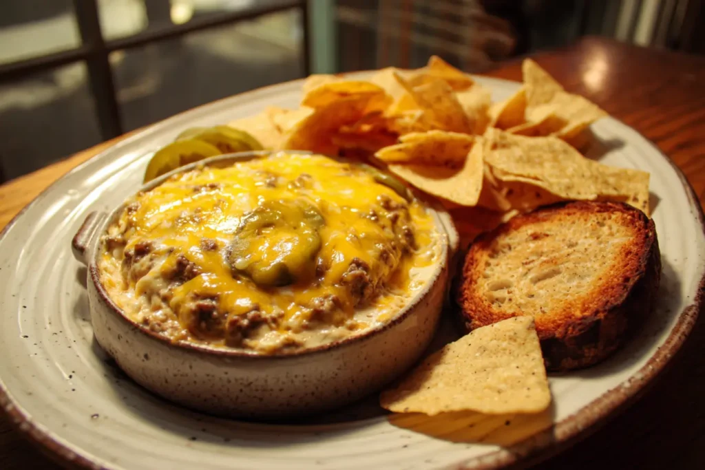 Rustic cowboy beef dip with melted cheddar and jalapeños served next to crispy tortilla chips
