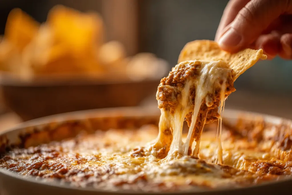 Tortilla chip scooping cowboy beef dip with melted cheese pull and beefy texture