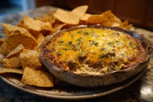 Homemade cowboy beef dip with melted cheddar and jalapeños served in a rustic dish with tortilla chips