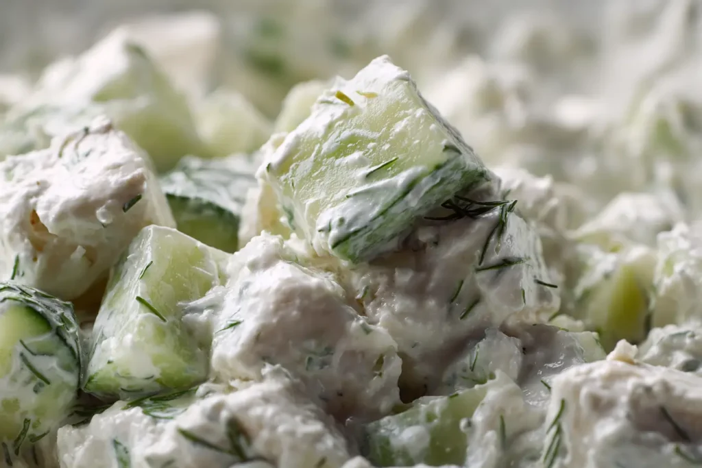 Close-up of chicken cucumber yogurt dill showing creamy yogurt coating, diced cucumber, and fresh dill texture.