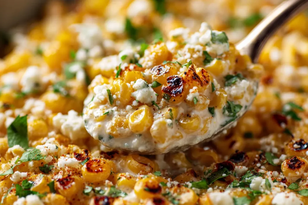 Close-up of creamy Mexican street corn with charred kernels, cotija cheese, lime zest, and cilantro being scooped with a spoon.