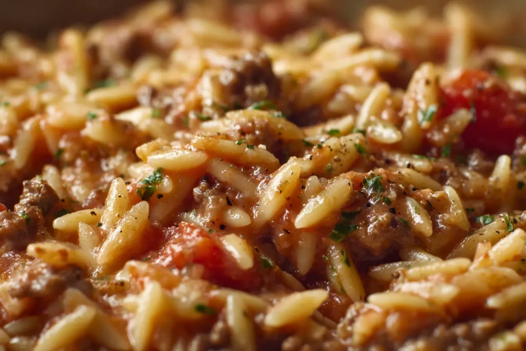 Close-up of creamy orzo pasta with ground beef and Parmesan
