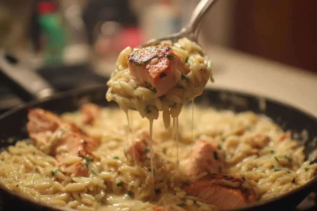 Spoon lifting creamy orzo showing silky texture