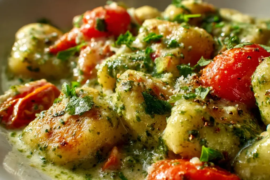 Close-up of creamy pesto gnocchi with Parmesan melting and cherry tomatoes