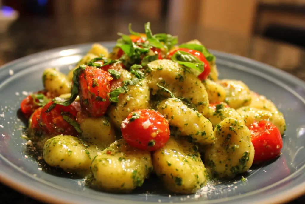 Creamy pesto gnocchi served with cherry tomatoes, basil, and Parmesan