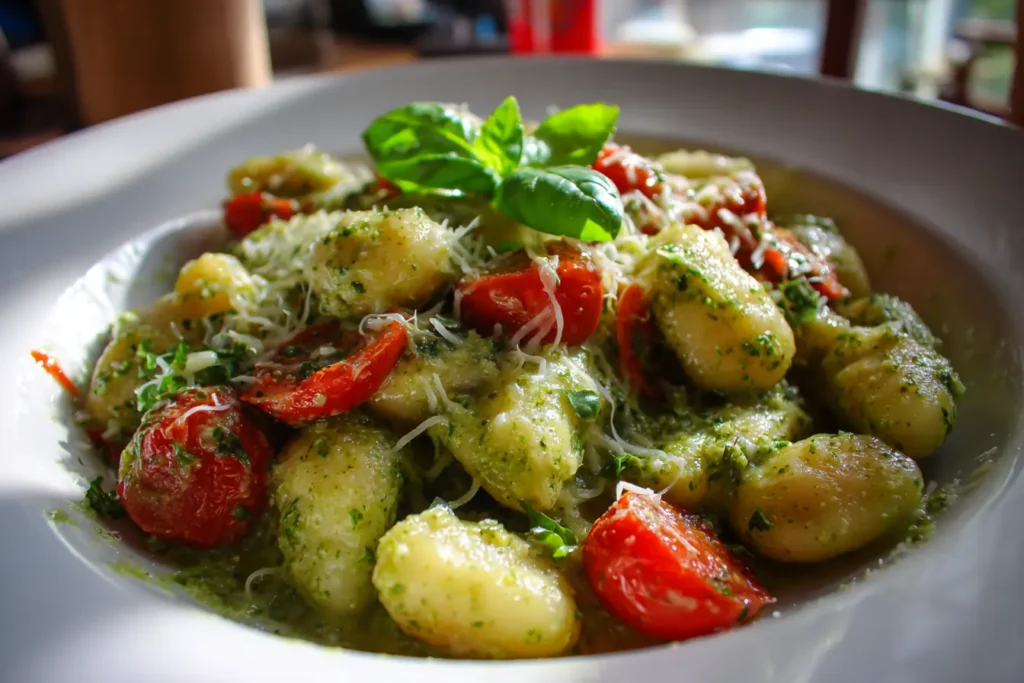 Creamy pesto gnocchi with cherry tomatoes and basil in a simple bowl