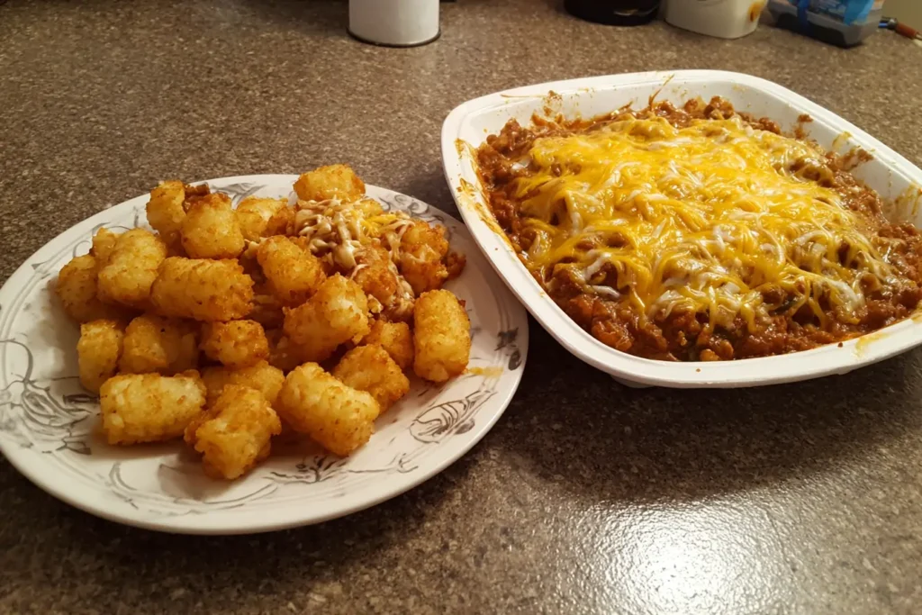 Side-by-side comparison of soggy and crispy chili cheese tater tot casserole portions