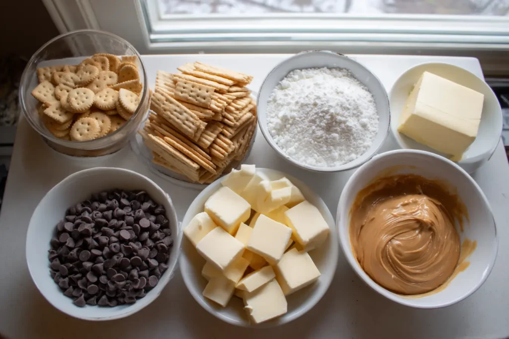 Ingredients for Dandy-Do Cookies on a counter with crackers and chocolate