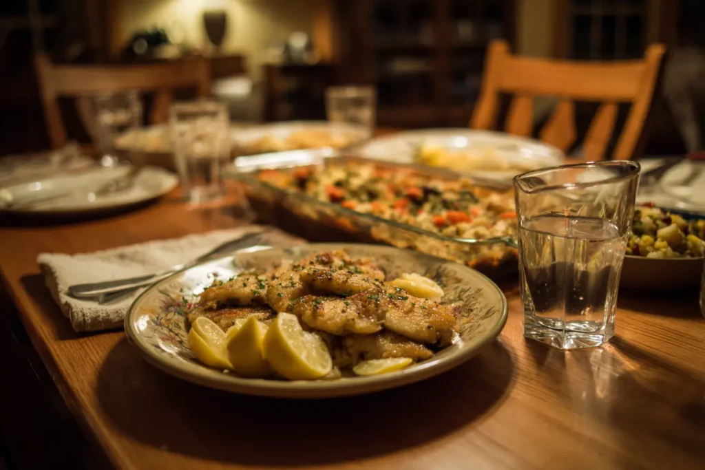 Lemon chicken piccata served family-style on a wooden dinner table with warm lighting and simple sides