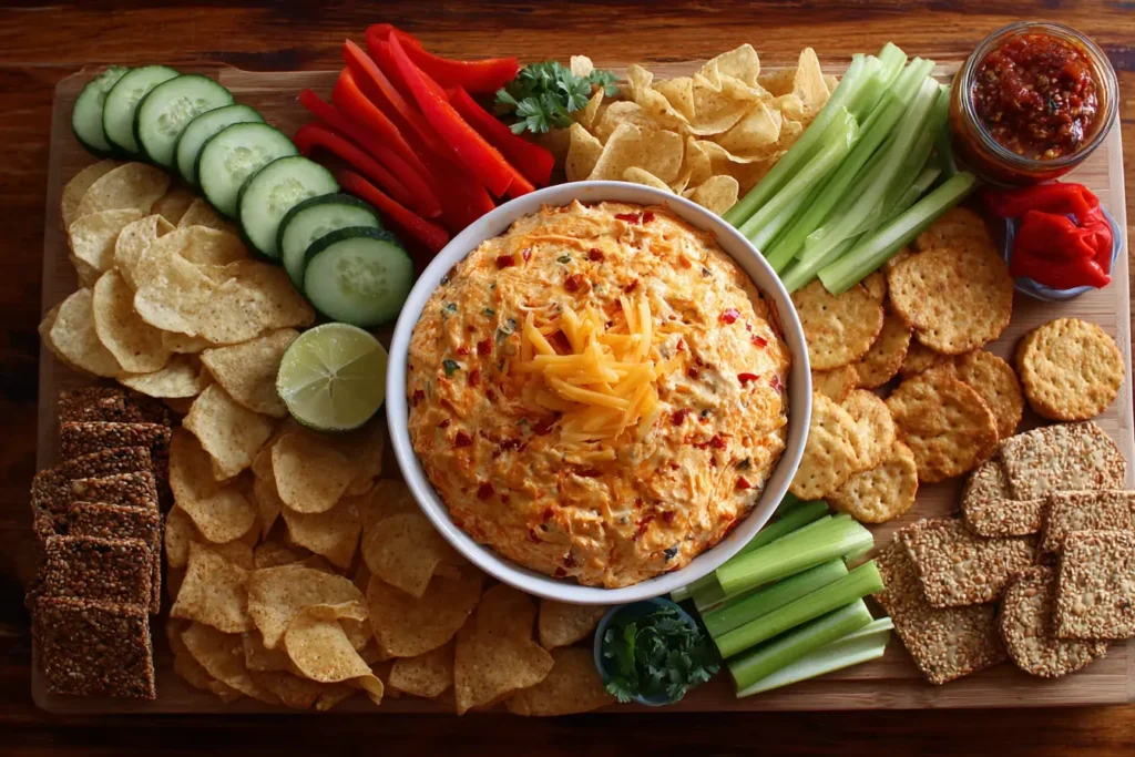 Salsa FireCracker Dip with visible salsa mixed in, served with tortilla chips