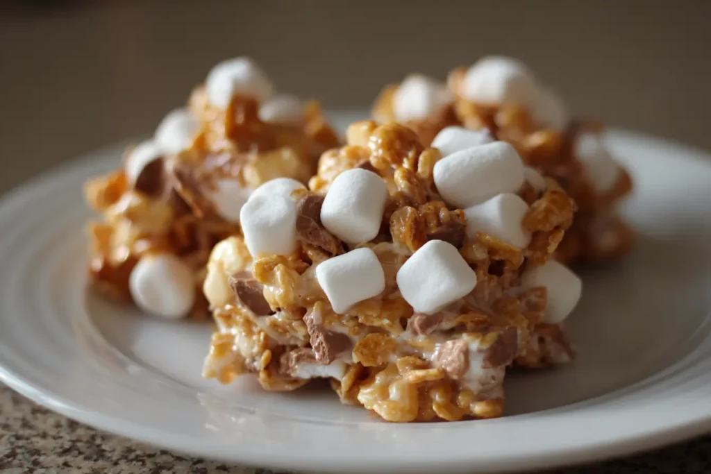Folding mini marshmallows into no bake avalanche cookie mixture