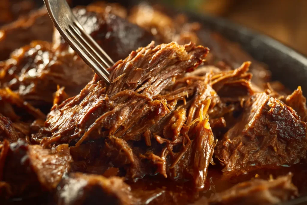 Close-up of slow cooker pot roast being pulled apart with a fork, juicy shredded beef and gravy