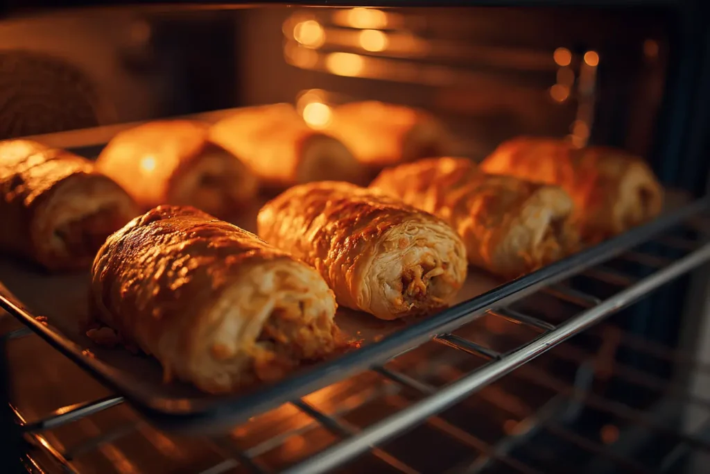 French onion sausage rolls baking in a home oven with golden puff pastry rising and cheese melting under warm oven light