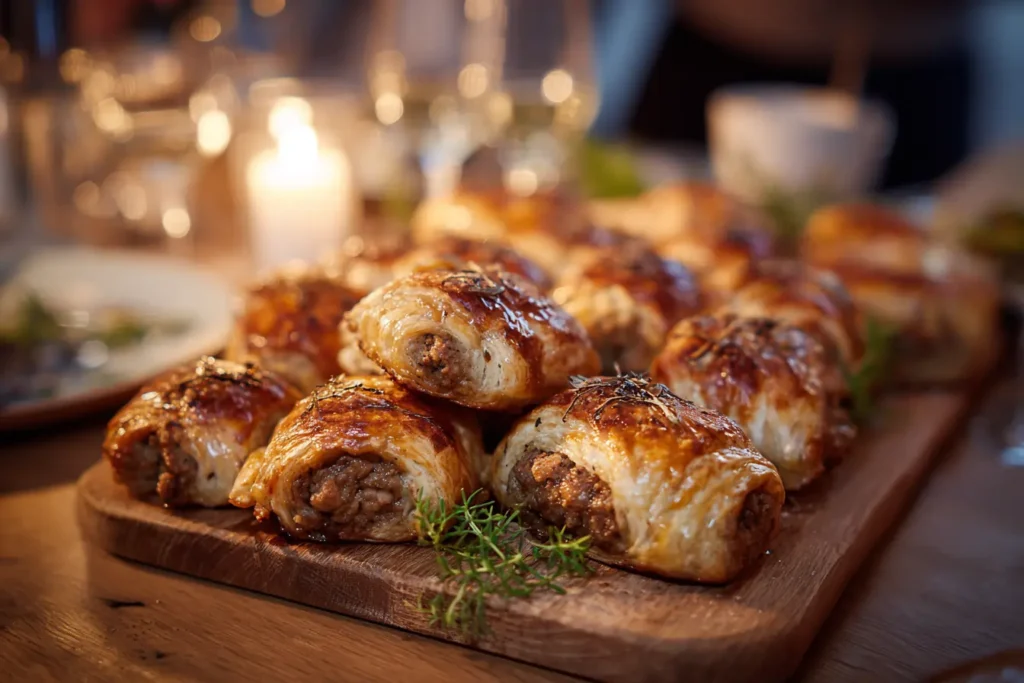 French onion sausage rolls arranged on a wooden serving board at a small gathering with warm candle light and cozy evening atmosphere