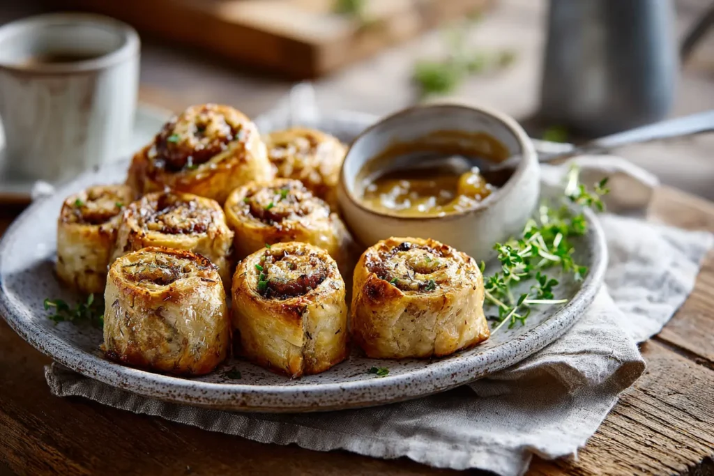 Plate of french onion sausage rolls served with mustard dip on a wooden table in natural daylight with fresh herbs garnish