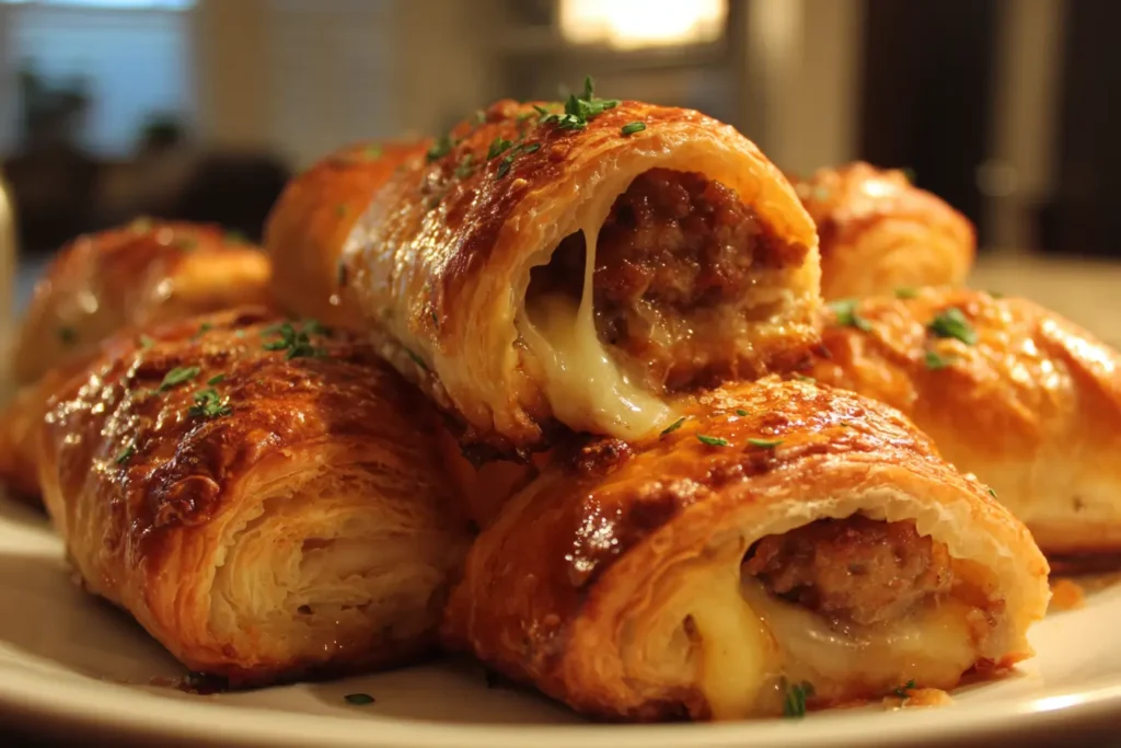 Homemade french onion sausage rolls on a plate with golden flaky pastry, melted cheese and caramelized onion filling visible in a cozy kitchen setting