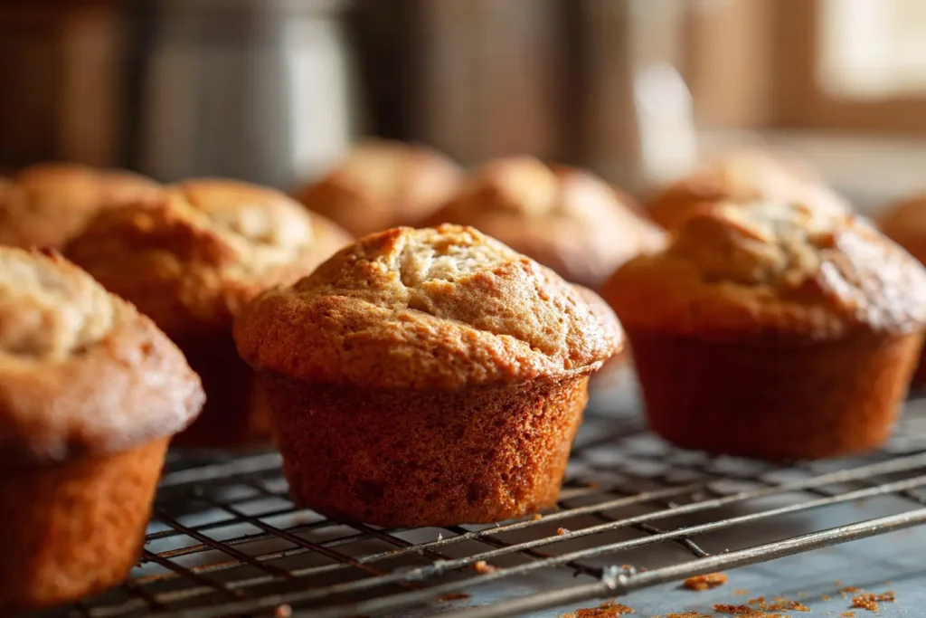 Freshly baked Greek yogurt banana muffins cooling on a wire rack