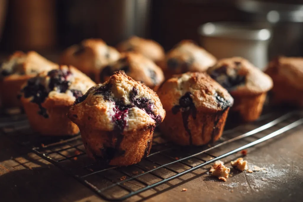 Freshly baked vegan blueberry muffins cooling on a wire rack in a cozy home kitchen