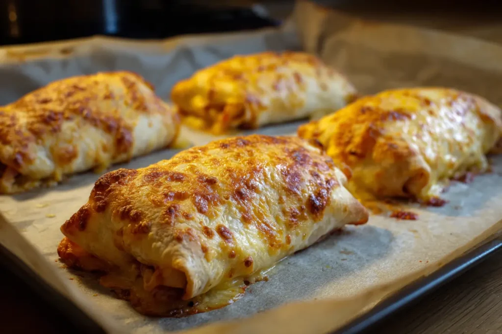 Freshly baked Keto Crispy Reuben Roll-Ups on a parchment-lined tray, golden and blistered