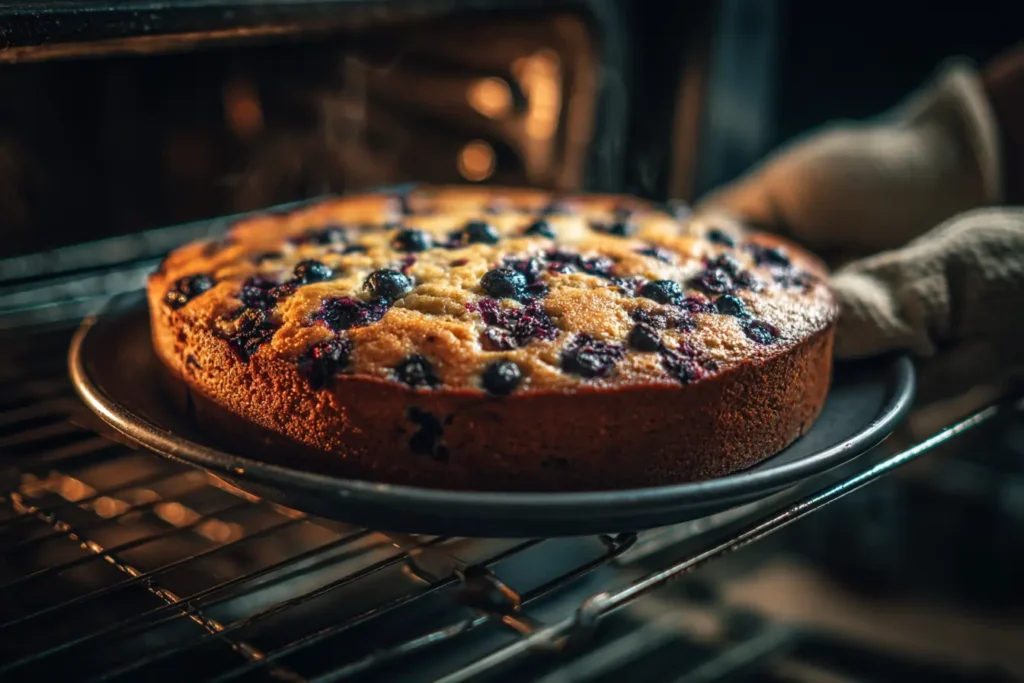 Lemon blueberry cake being removed from the oven with mitts, golden top and gentle steam