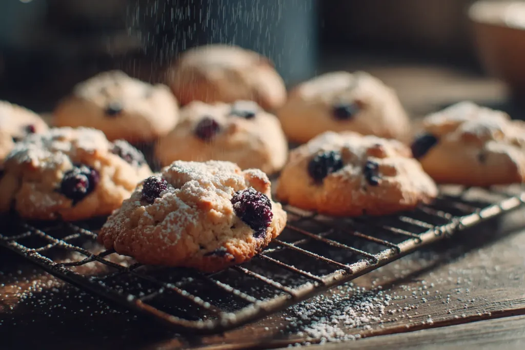 Freshly baked lemon blueberry cookies cooling on a metal rack, lightly dusted with powdered sugar with blueberry bursts and crumbs on a wooden counter.