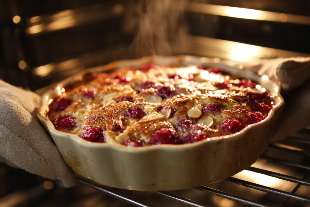 Raspberry almond croissant baked oats being lifted from the oven with steam and bubbling raspberries at the edges.