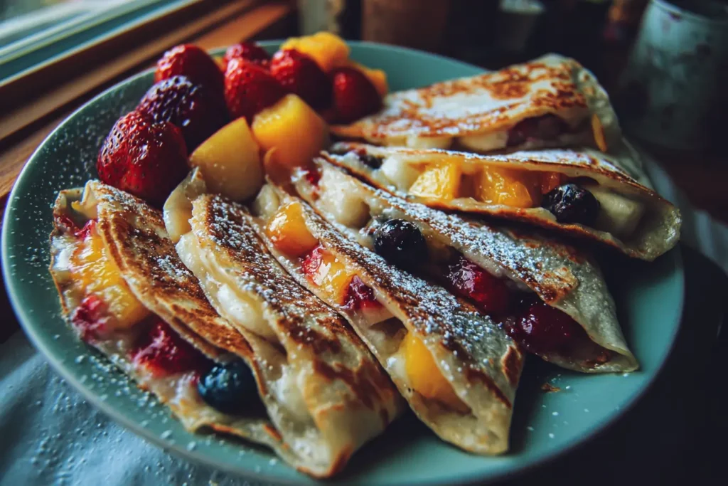 Homemade fruit quesadilla on a plate with melted cheese, mixed fresh fruit, and a light dusting of powdered sugar