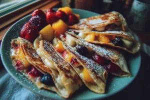Homemade fruit quesadilla on a plate with melted cheese, mixed fresh fruit, and a light dusting of powdered sugar