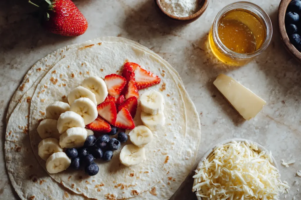 Flat lay of fruit quesadilla ingredients including tortillas, shredded mozzarella, berries, banana, honey, and butter
