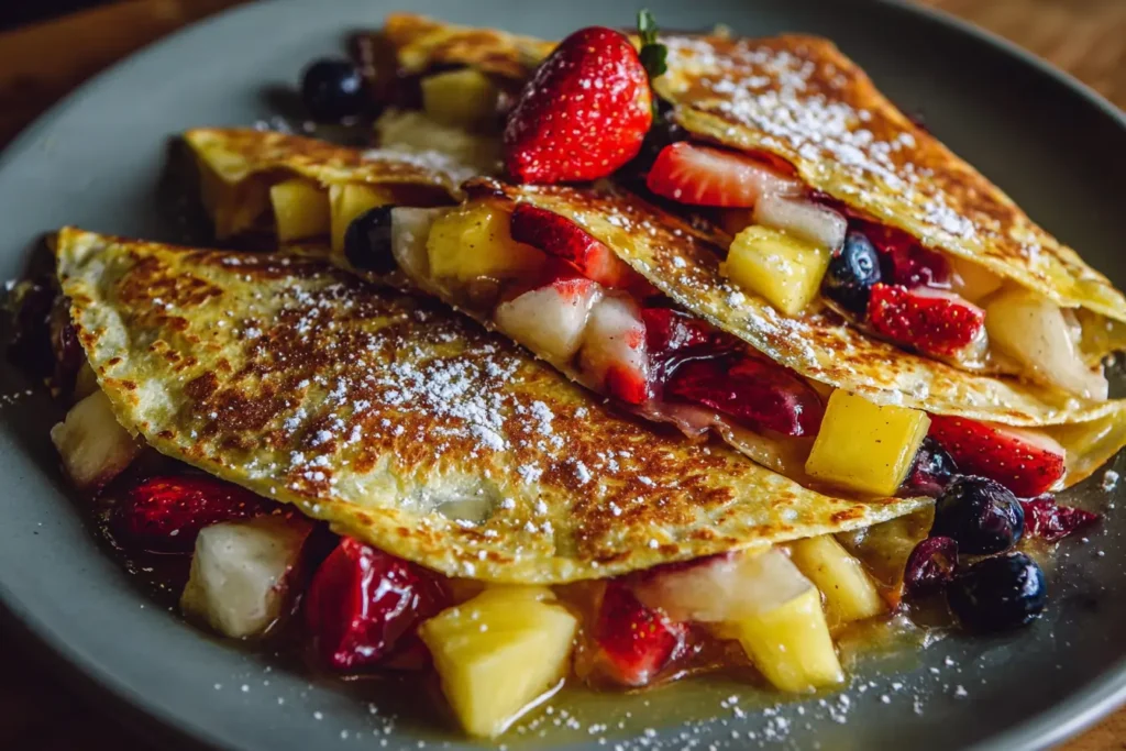 Homemade fruit quesadilla with mixed fruit and melted cheese, styled casually to show a versatile sweet quesadilla option