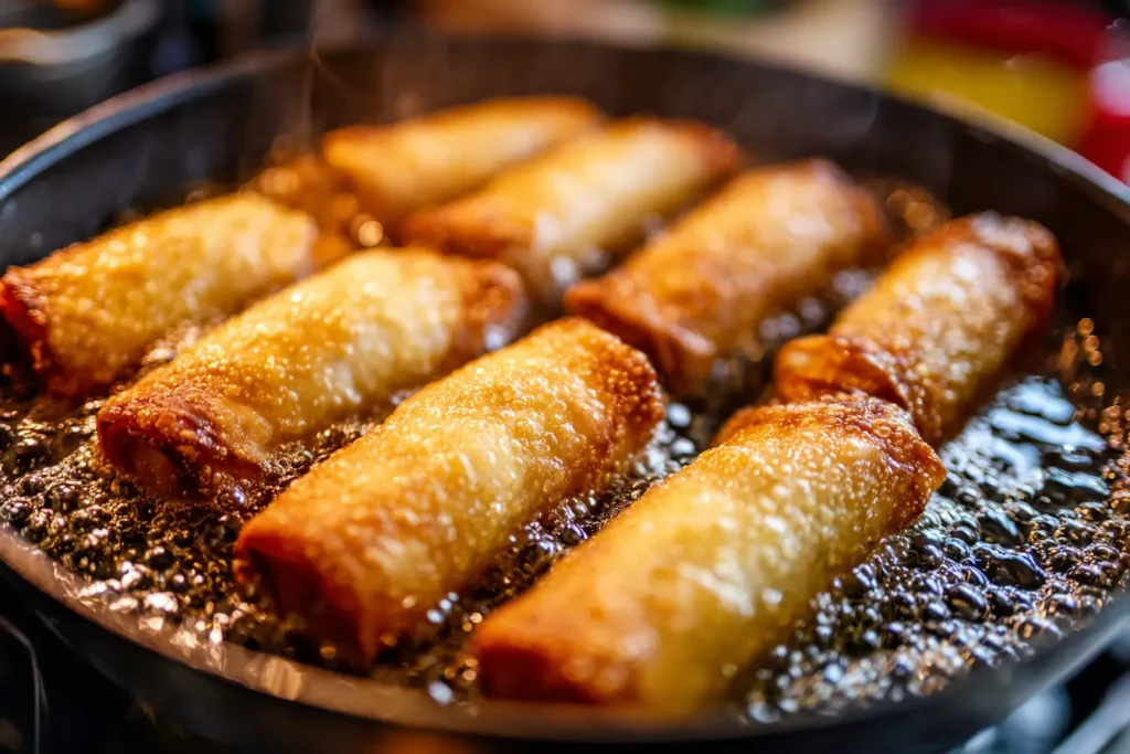 Peach cobbler egg rolls crisping in hot oil until golden brown