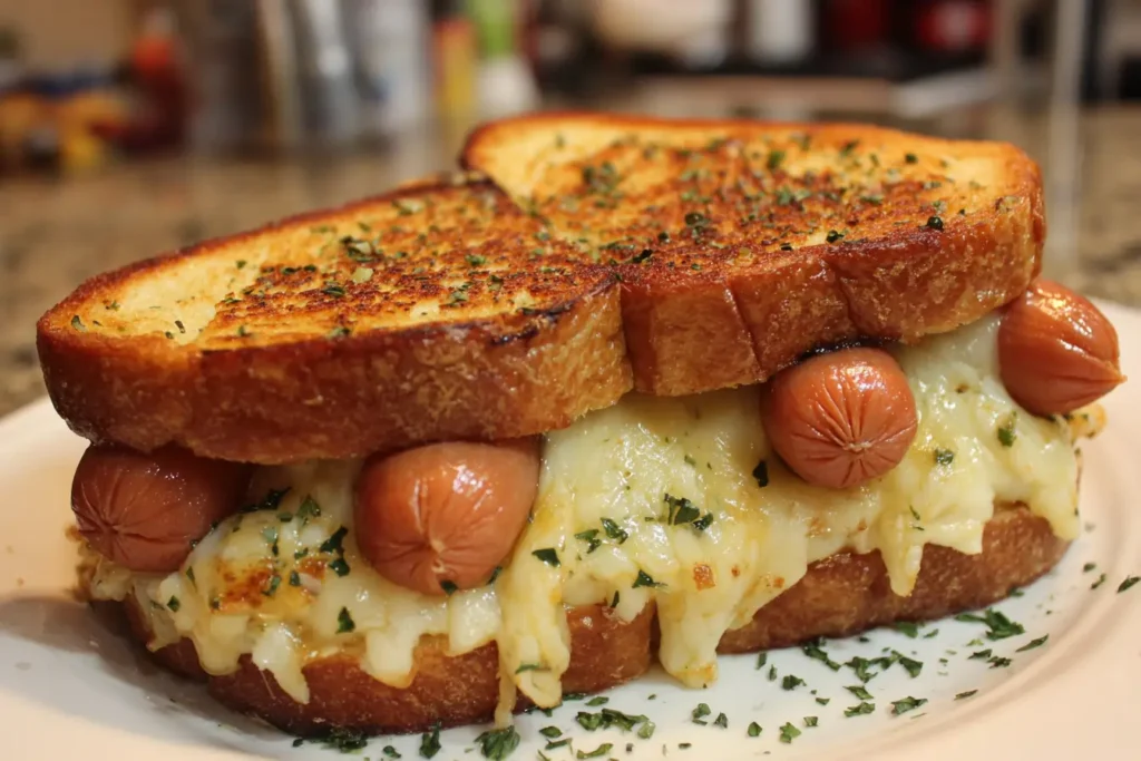 garlic butter grilled cheese hot dogs with melted cheese