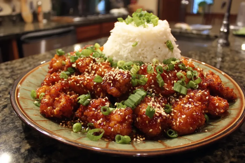 Big bowl of crispy General Tso’s Chicken coated in glossy sweet-and-spicy sauce with green onions and sesame seeds over a huge mound of rice.