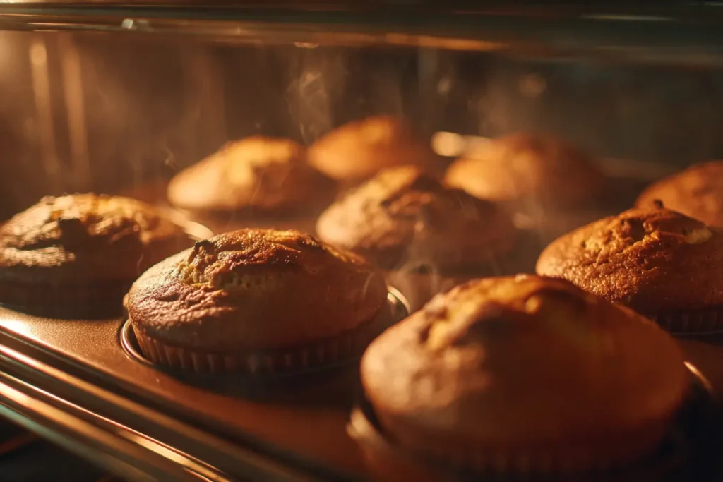 Greek yogurt banana muffins rising while baking in a home oven