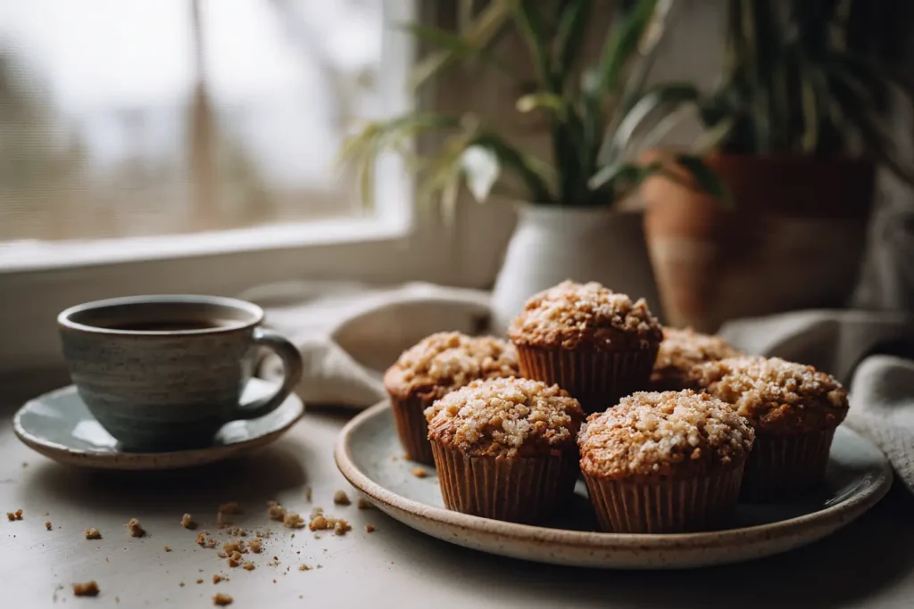 Greek yogurt banana muffins served on a plate with a cup of coffee