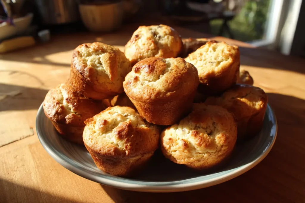 Greek Yogurt Banana Muffins on a rustic plate in warm kitchen light