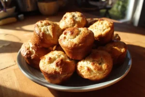 Greek Yogurt Banana Muffins on a rustic plate in warm kitchen light