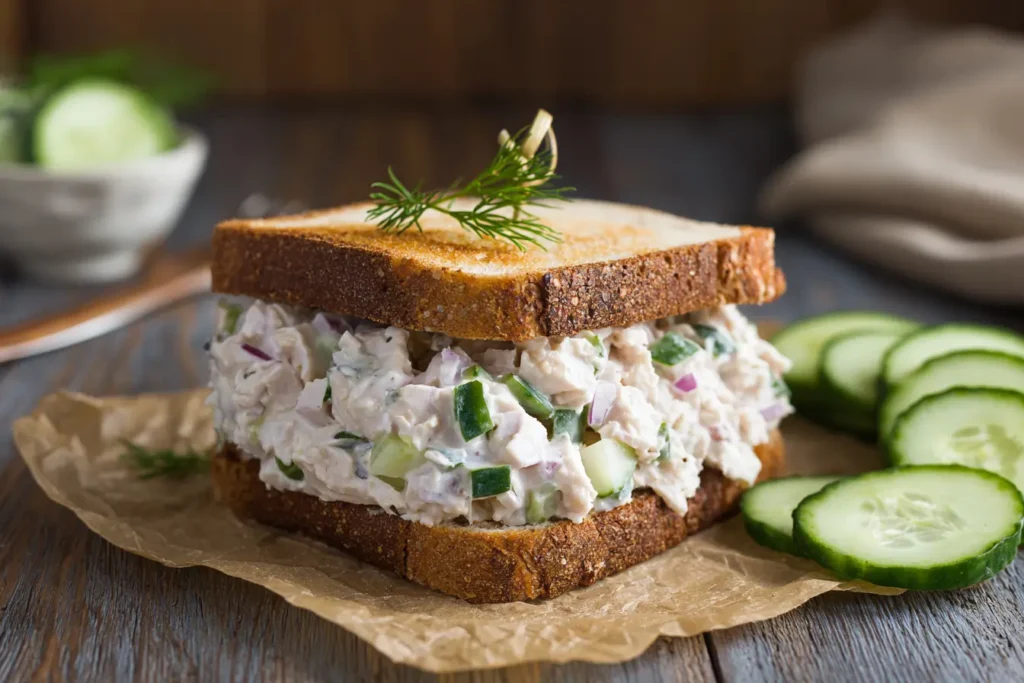 Greek yogurt tuna salad sandwich on toasted whole-grain bread, cut in half with the filling slightly spilling out, served with cucumber slices.