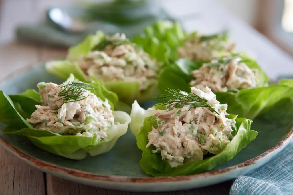 Greek yogurt tuna salad served in crisp lettuce cups on a ceramic plate with natural daylight and a simple home kitchen background.