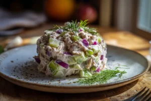 Homemade Greek yogurt tuna salad in a simple bowl with flaky tuna, diced celery, red onion, and fresh dill on a wooden table.