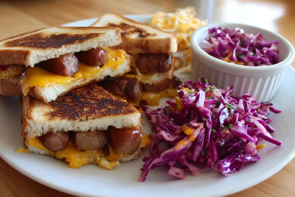 grilled cheese hot dogs served with purple cabbage slaw